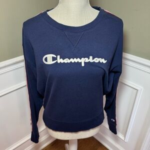 Authentic CHAMPION Sweatshirt Long sleeve Navy Blue Striped Medium Pullover crop